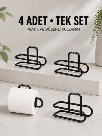 Mey İthalat® Duvara Yapışkanlı WC Kağıtlık Siyah Metal 4 Adet Tuvalet Kağıdı Rulo Askısı