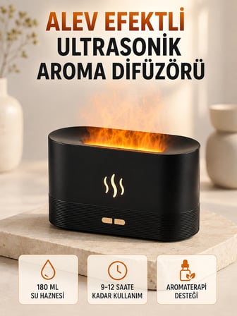 Mey İthalat® Ultrasonik Aromaterapi Difüzörü 180 ML Hazneli Dekoratif Alev Efektli Nemlendirici
