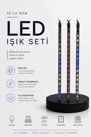 Mey İthalat® RGB LED Dış Ve İç Mekan Süsleme Işığı 10 Çubuklu Şerit