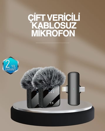 Mey İthalat® 2’li Kablosuz Yaka Mikrofonu Type-C ve Lightning Uyumlu Profesyonel Set