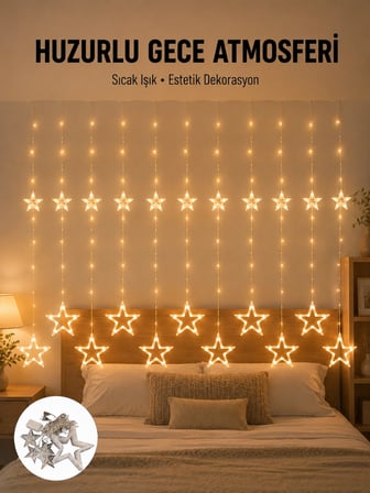 Mey İthalat® Yıldız Desenli Perde Tipi Peri Led 3x3 Metre Aydınlatma Yeni Nesil