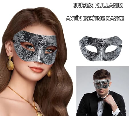 Mey İthalat® Gümüş Eskitme Yüz Maskesi - Antik Tarz Balo Maskesi