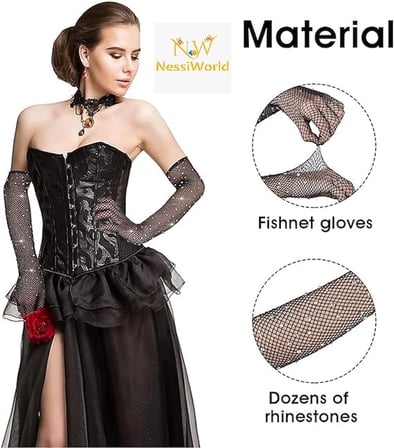 Mey İthalat® Siyah Renk İncili Elmas İşlemeli File Örgü Uzun Eldiven 45 cm