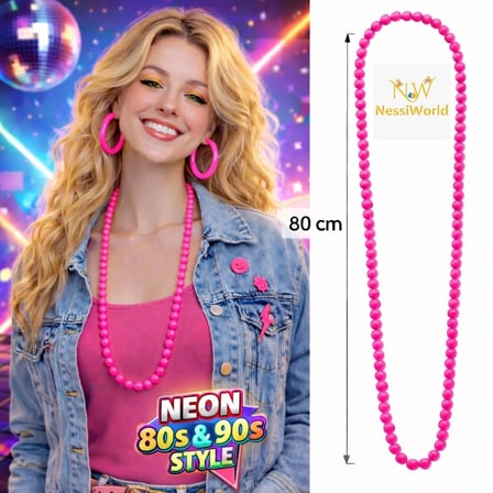 Mey İthalat® Neon Pembe Boncuk Kolye 80 cm – Retro 80’ler 90’lar Parti Aksesuarı
