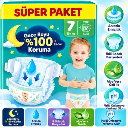 Mey İthalat® Aktif Bebek Süper Paket Bebek Bezi 7 Beden 30 Adet