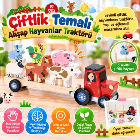 Mey İthalat® Çiftlik Temalı Ahşap Hayvanlar Traktörü