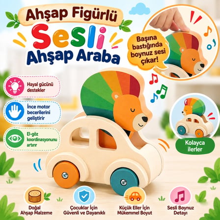 Mey İthalat® Ahşap Figürlü Sesli Ahşap Araba