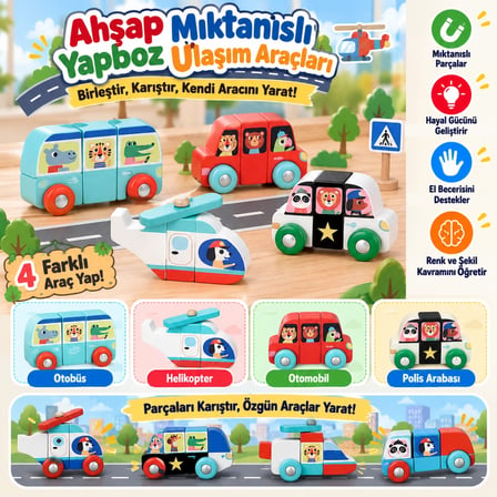Mey İthalat® Ahşap Mıktanıslı Yapboz Ulaşım Araçları