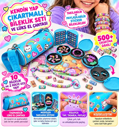 Mey İthalat® Seri 3 Sticki Rolluxe Kendin Yap Çıkartmalı Bileklik Seti ve Lüks El Çantası