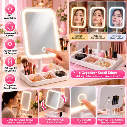 Mey İthalat® Yumurcak Shop Dokunmatik LED Işıklı Kare Makyaj Aynası – Altı Organizer Kaseli, Ayarlan
