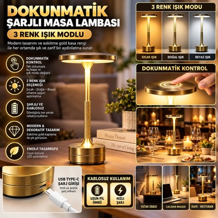 Mey İthalat® Eskitme Kasa Dokunmatik Şarjlı Masa Lambası – 3 Renk Işık Modlu, LED Aydınlatmalı, Mode