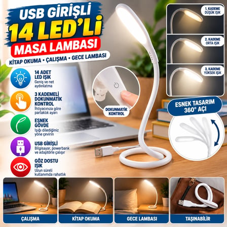 Mey İthalat® USB Girişli 14 Ledli 3 Kademeli Dokunmatik Masa/Kitap Okuma Lambası Ledi Beyaz