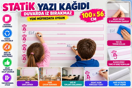 Mey İthalat® Kılavuz Çizgili Akıllı Kağıt Yazı Tahtası Duvarda İz Bırakmaz Statik Yeni Müfredata Uyg