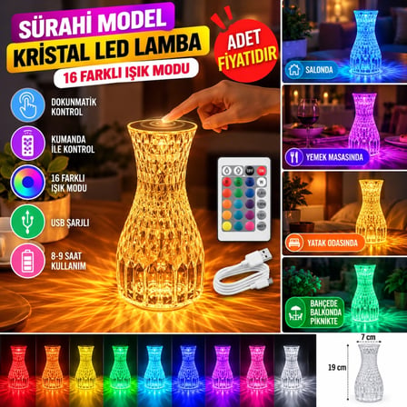 Mey İthalat® Sürahi Model USB Şarjlı Kumandalı 16 Farklı Işık Modlu Masa Üstü Kristal Akrilik Lamba 