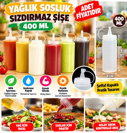 Mey İthalat® Şeffaf Kapaklı Sızdırmaz Yağlık Sosluk Şişesi Plastik Yağdanlık 400 ml AP-9028 (adet fi