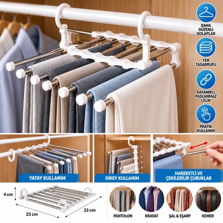 Mey İthalat® Hareketli Dolap İçi Pantolon Kravat Şal Askı Sistemi Düzenleyici Katmanlı Askılık Organ