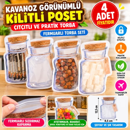 Mey İthalat® Kavanoz Görünümlü Kilitli Poşet Çıtçıtlı ve Pratik Torba 4 Adet