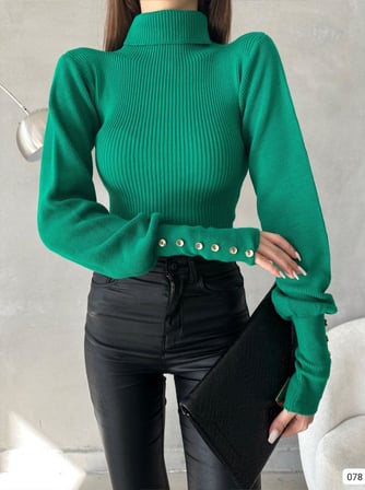 twomeey Kadın Kol Düğme Detaylı Balıkçı Yaka Boğazlı Fitilli Triko Bluz (Renkli)