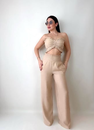 twomeey Kadın Keten Kumaş Gipeli Crop ve Pantolon İkili Takım (Renkli)