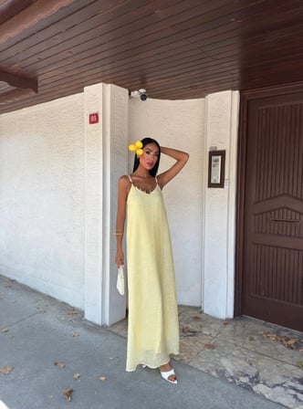 twomeey Kadın Göğüs Halka Detay Askılı Keten Elbise