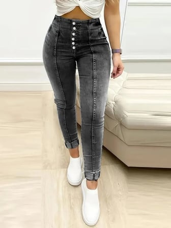 twomeey Kadın Çok Düğmeli Yüksek Bel Jean pantolon