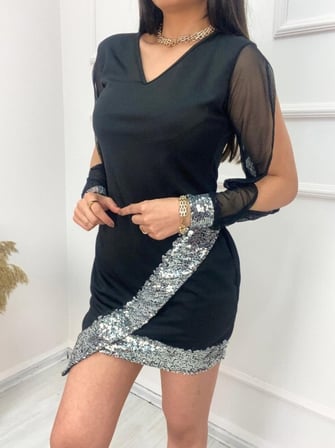 twomeey Kadın V Yaka Pulpayet İthal Krep Mini Elbise