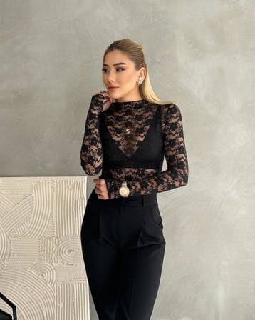 twomeey Kadın Uzun Kollu Transparan Çıtçıtlı Bodysuit Bluz