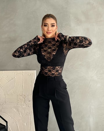 twomeey Kadın Uzun Kollu Transparan Çıtçıtlı Bodysuit Bluz
