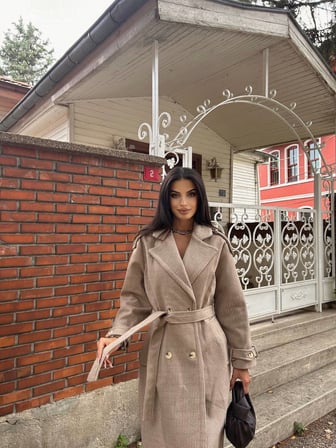 twomeey Kadın Apoletli Beli Kuşaklı İçi Astarlı Kaşe Kaban