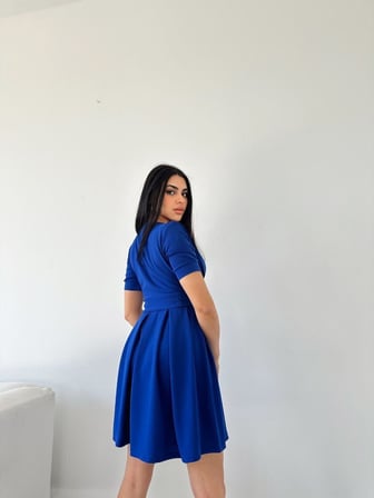 twomeey Kadın Kruvaze Yaka Kısa Kol Mini Kloş Elbise