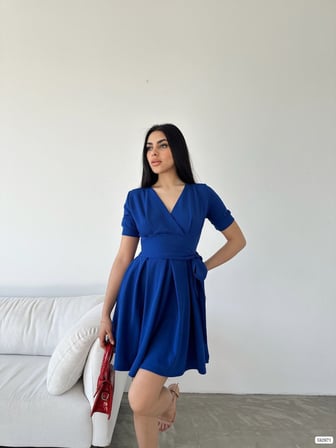 twomeey Kadın Kruvaze Yaka Kısa Kol Mini Kloş Elbise