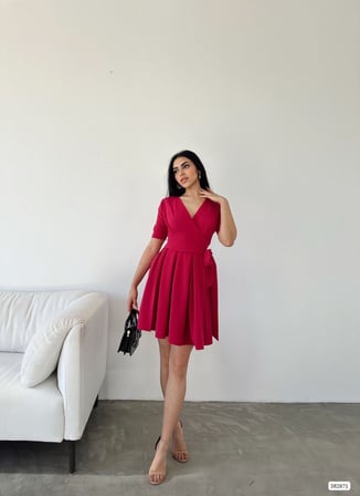 twomeey Kadın Kruvaze Yaka Kısa Kol Mini Kloş Elbise