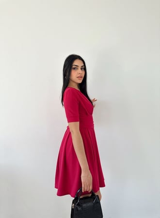 twomeey Kadın Kruvaze Yaka Kısa Kol Mini Kloş Elbise