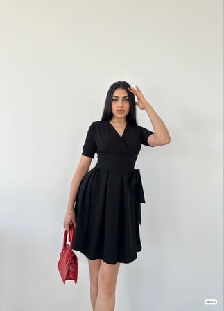 twomeey Kadın Kruvaze Yaka Kısa Kol Mini Kloş Elbise