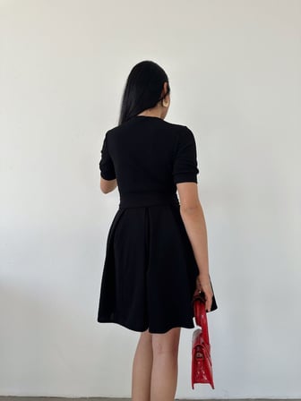 twomeey Kadın Kruvaze Yaka Kısa Kol Mini Kloş Elbise