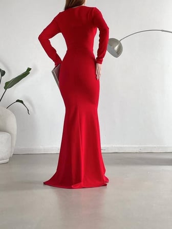 twomeey Kadın V Yaka Eteği Fırfırlı Yırtmaçlı Krep Abiye Elbise