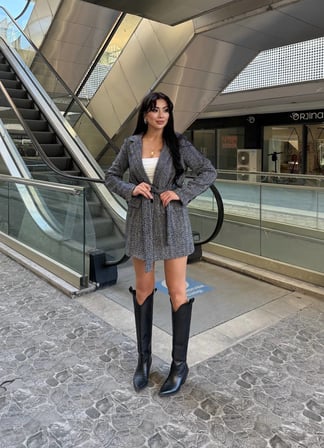 twomeey Kadın Balık Sırtı Desen Kuşaklı Astarlı Ceket Kaban