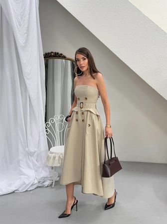 twomeey Kadın Düğme ve Kemer Detaylı Pamuklu Trenç Straplez Elbise