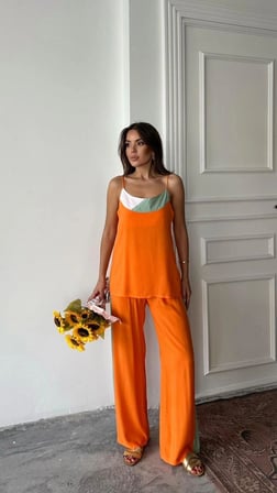 twomeey Kadın Pamuklu Viskon Kumaş Askılı Bluz Bol Paça Pantolon İkili Takım