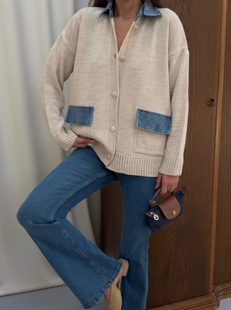twomeey Kadın Cep ve Yaka Denim Detay Düğmeli Triko Hırka