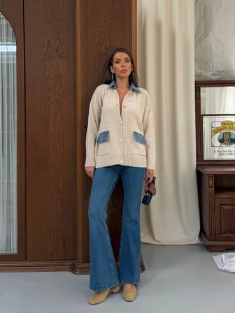 twomeey Kadın Cep ve Yaka Denim Detay Düğmeli Triko Hırka
