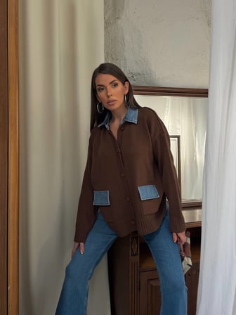 twomeey Kadın Cep ve Yaka Denim Detay Düğmeli Triko Hırka