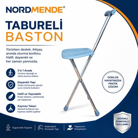 Mey İthalat  Tabureli Baston Oturaklı Katlanabilir Yürüyüş Bastonu Taşınabilir Baston Sandalye
