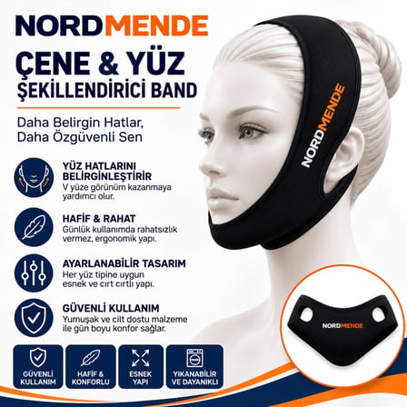 Mey İthalat NORDMENDE Çene ve Yüz Şekillendirici Band - Ayarlanabilir V-Line Yüz Toparlayıcı Band - Cırt Cırtlı Esnek Yüz Bandı - Siyah