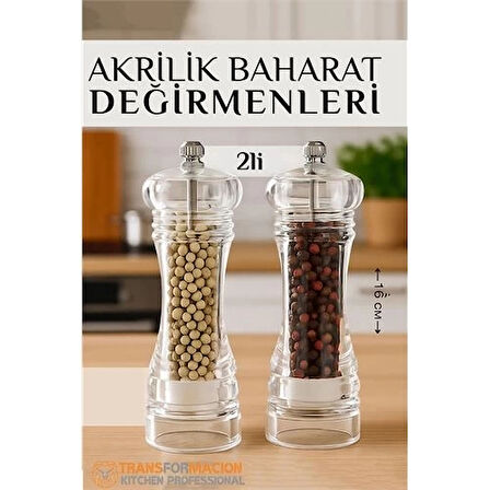 CEYLAN ADAM  Baharat Öğütücü - Baharat Karabiber Tuz Değirmeni Ahşap Akrilik Kristal 2 li SET