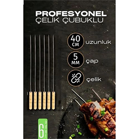 CEYLAN ADAM  Çelik Şiş Çubuğu - Mangal Şişi Ahşap Saplı Kebap Şişi  6 Adet