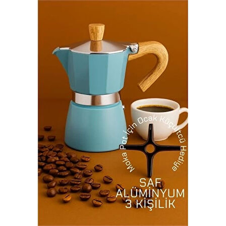 CEYLAN ADAM  Italyan Moka Pot - 6061 Saf Alüminyum  Ahşap Saplı - 3 kişilik MAVİ