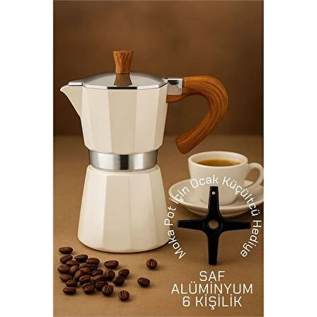 CEYLAN ADAM  Italyan Moka Pot - 6061 Saf Alüminyum  Ahşap Saplı - 6 kişilik KREM