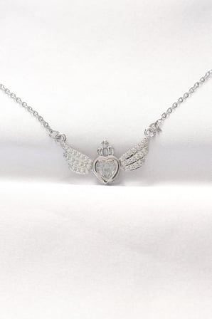 Mey İthalat® 316L Çelik Silver Renk Zirkon Taşlı Kalpli Kanat Kolye