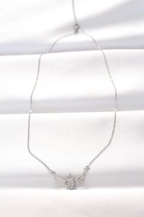 Mey İthalat® 316L Çelik Silver Renk Zirkon Taşlı Kalpli Kanat Kolye